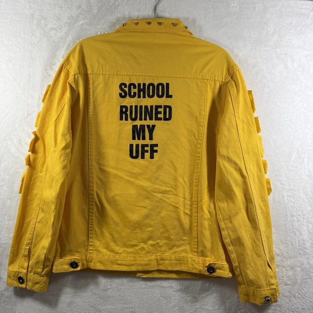 Yellow Graphic Denim Trucker Jacket Studded Streetwear School Ruined My Uff Mens